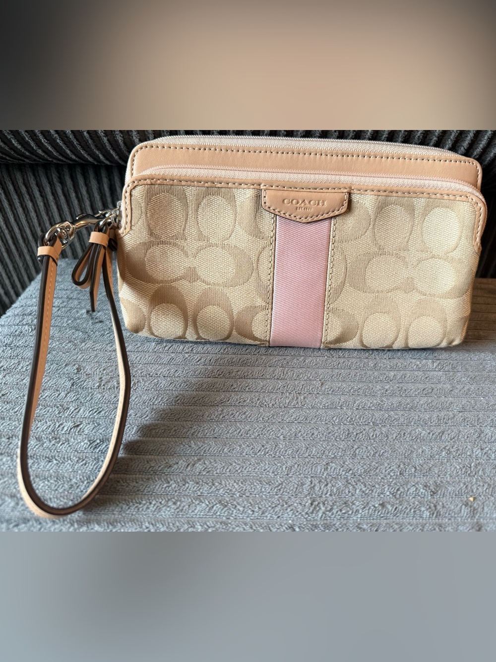 Coach Double Zip Beige Signature C Canvas Wristlet with Pink Stripe Wallet